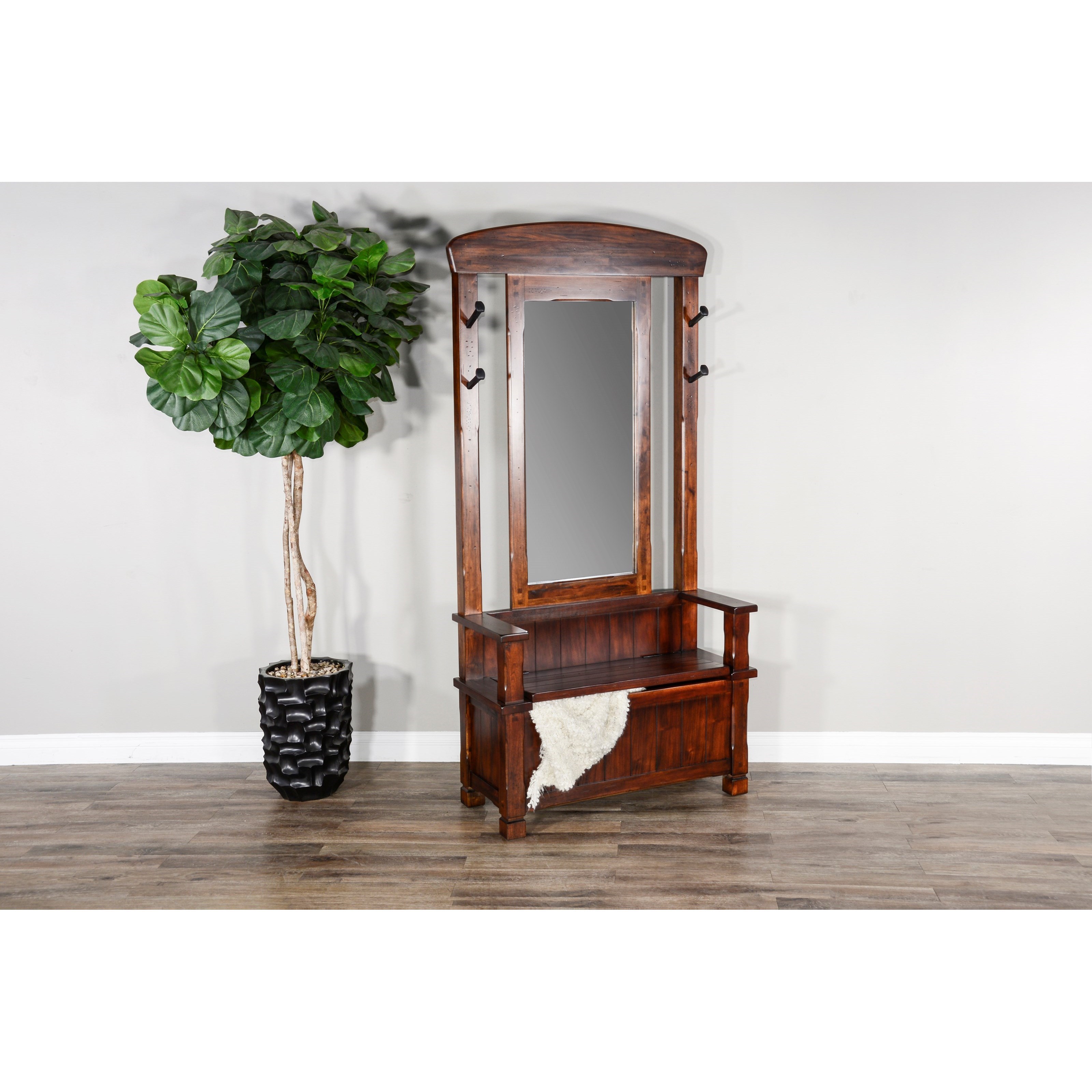 32405 Rustic Hall Tree with Storage Bench and Mirror Sadler s Home Furnishings Hall Trees Coat Racks